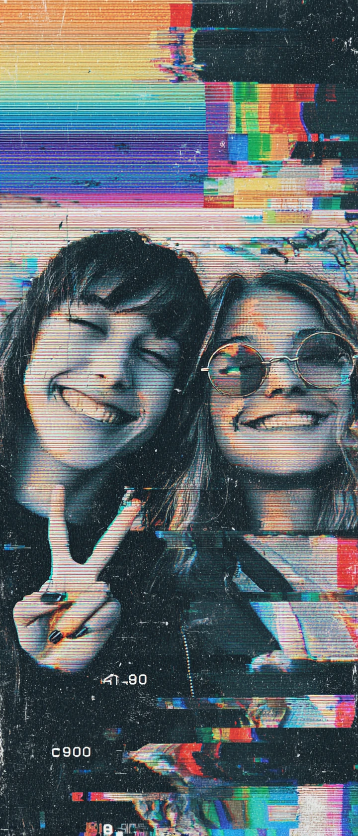 Two friends in a vintage anime style polaroid memory