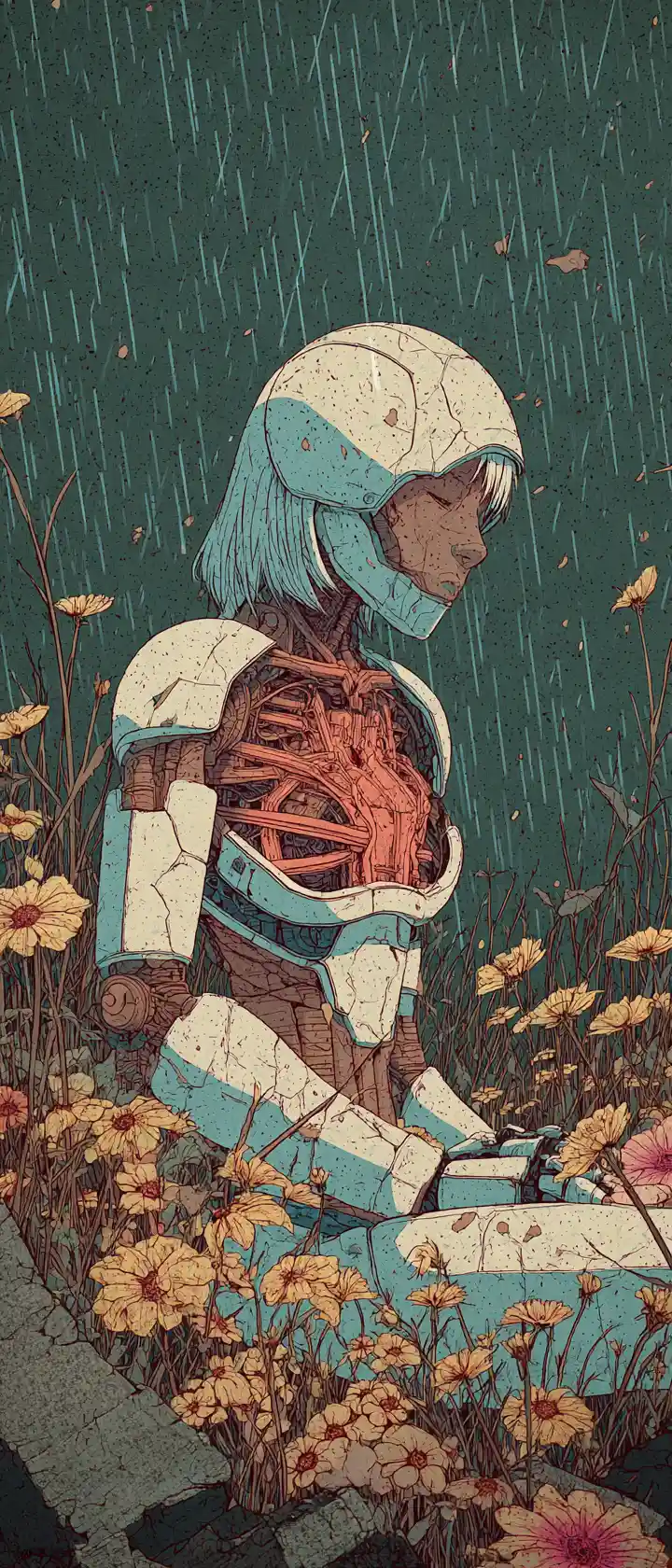 Damaged android girl in rain among wildflowers and rusted metal