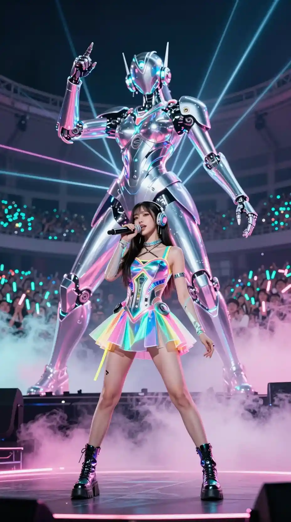 Futuristic android idol singing on massive cyber concert stage
