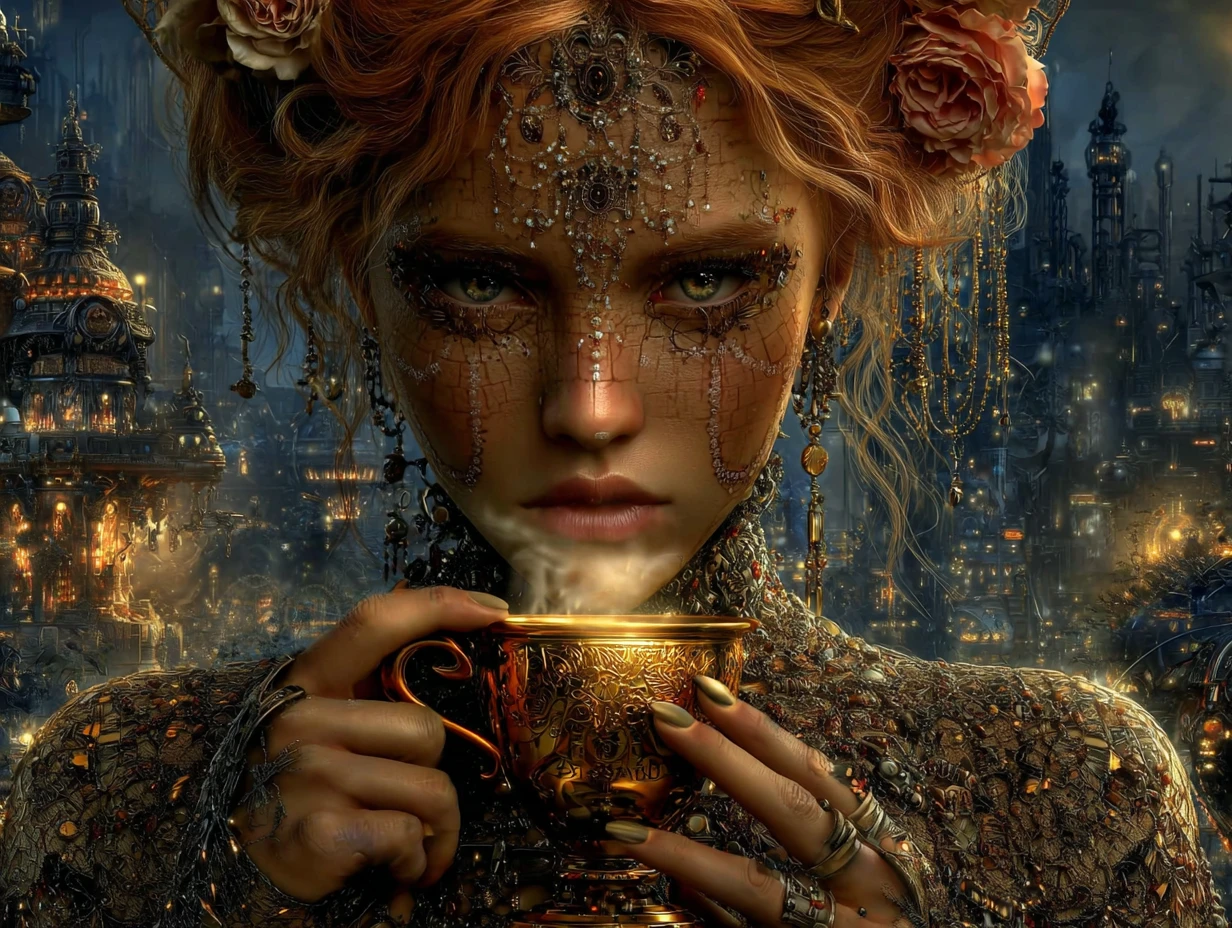Elegant vintage woman holding a golden chalice