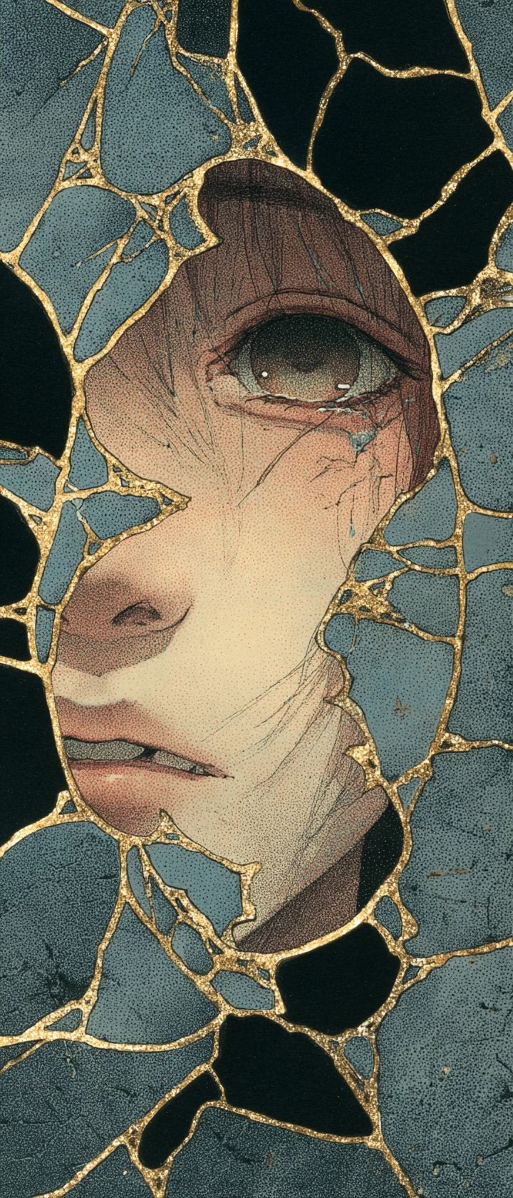 Shattered mirror on dark vanity with tearful anime reflection