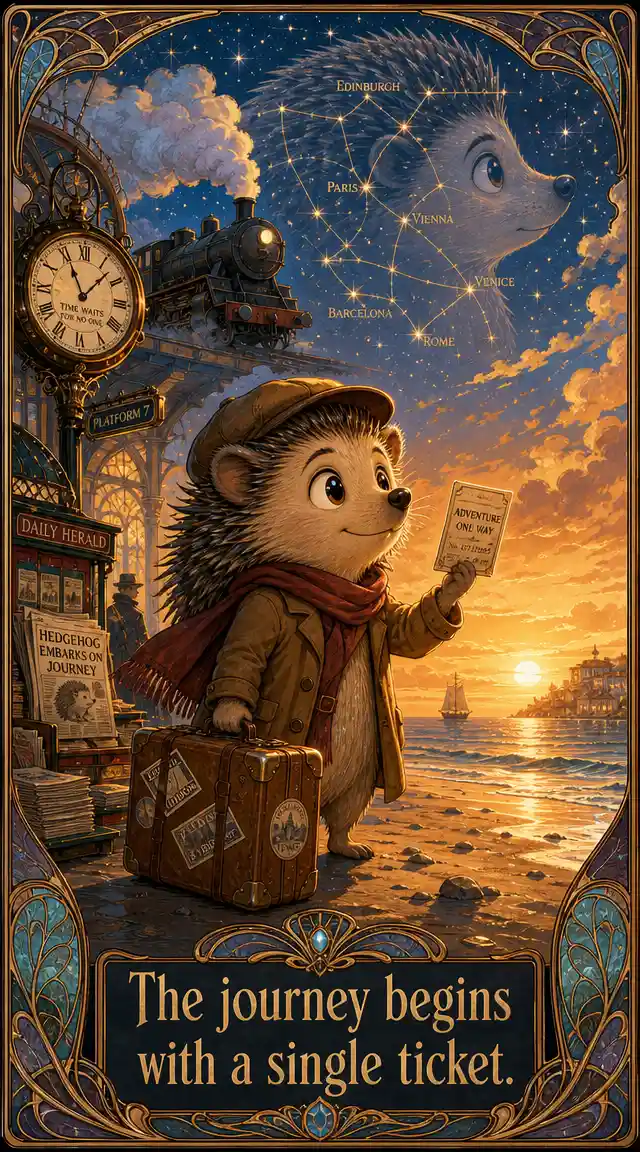 Playful cartoon hedgehog on a beach with travel dreams