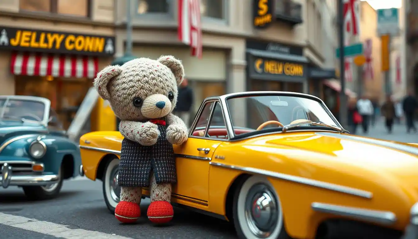 Cartoon jellycat character riding through a busy city street