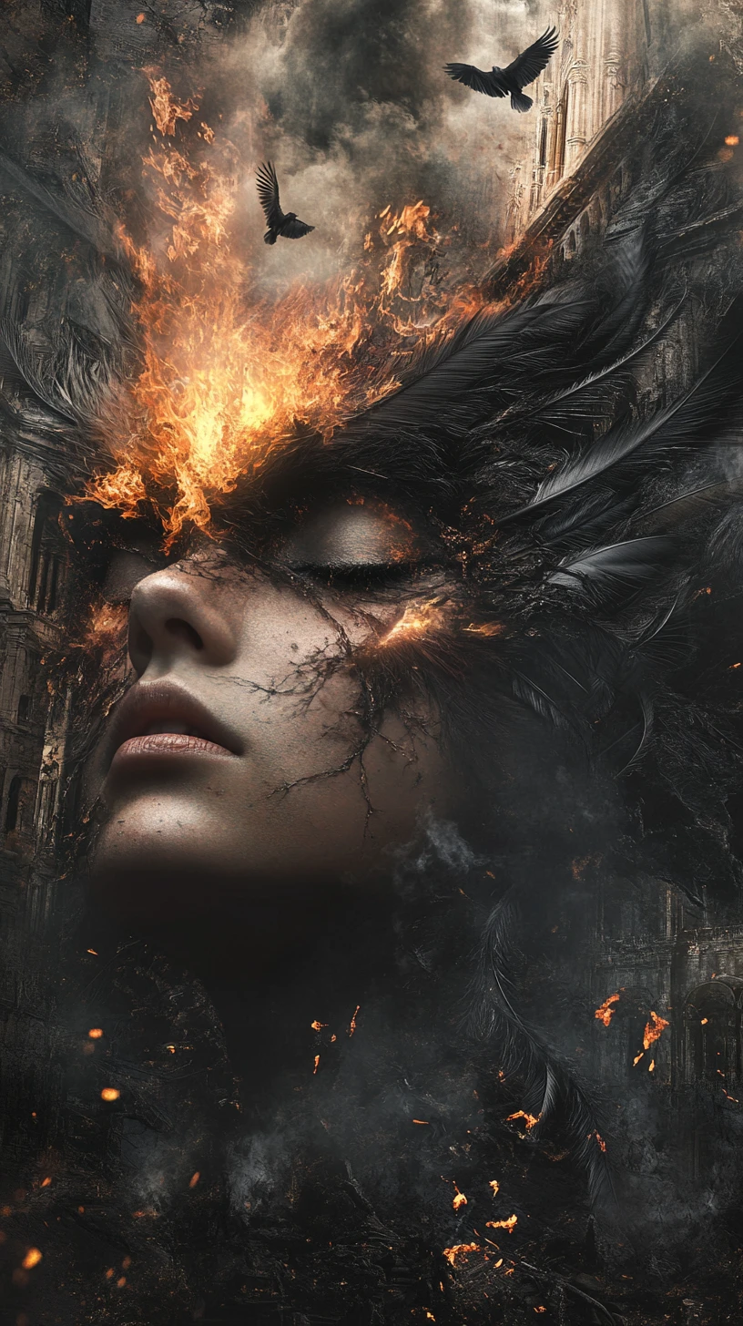 Surreal Phoenix And Woman Double Exposure In Sacred Ruins