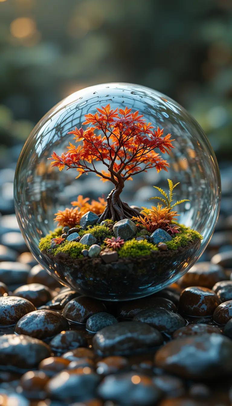 Makro-Glaskugel mit Miniatur-Herbstbaum-Terrarium