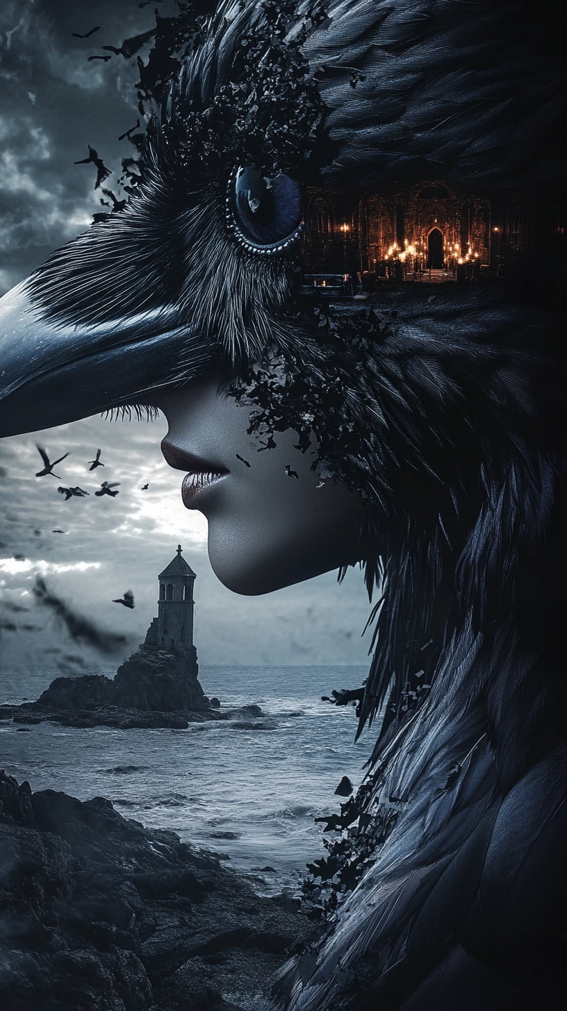 Surreal raven merging with a serene womans face