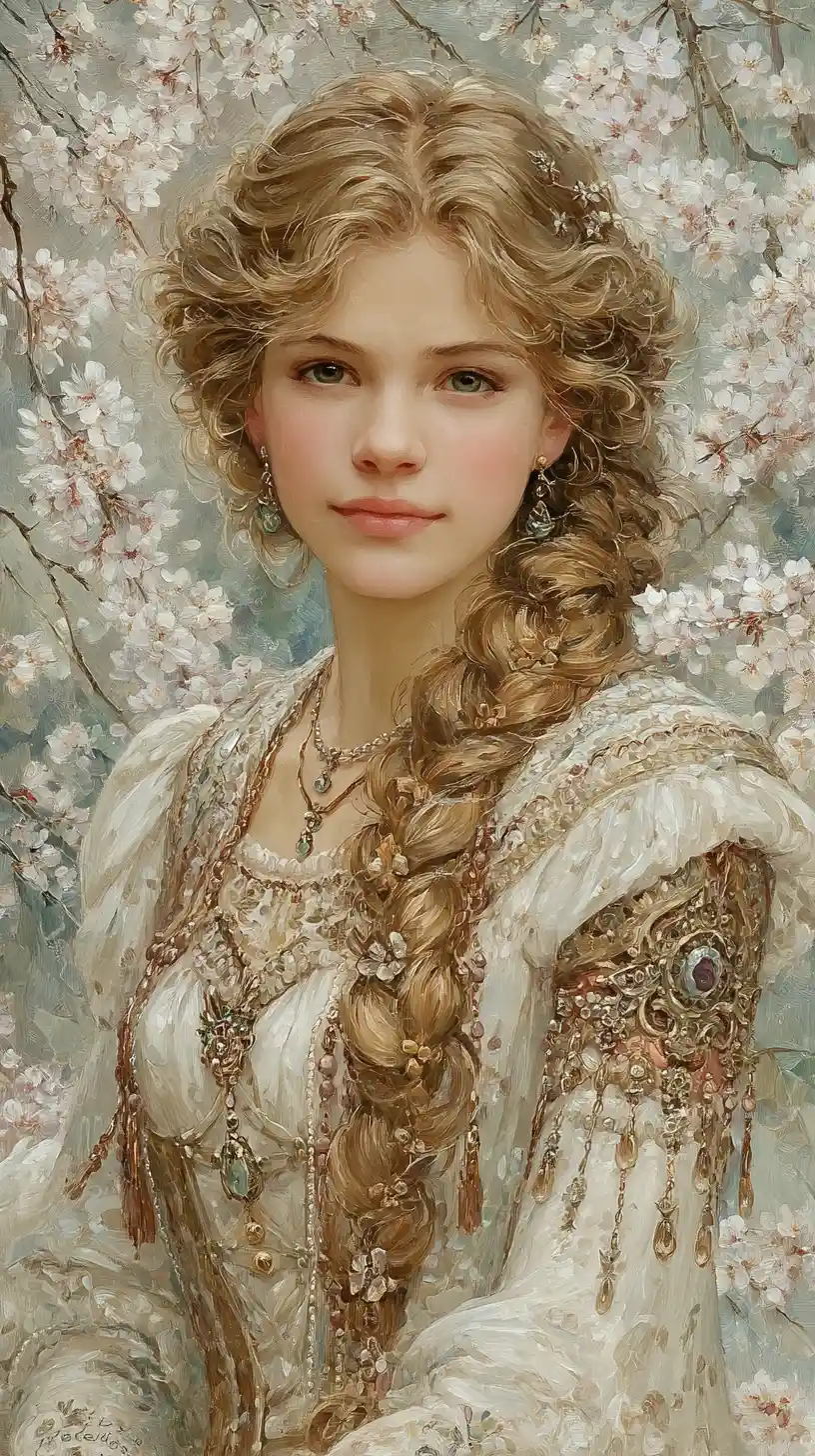 Ethereal Victorian maiden portrait with pearlescent fantasy glow