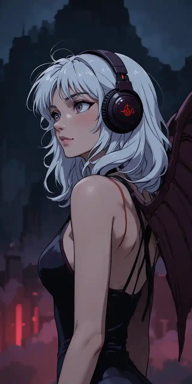 戴著耳機的寧靜翼之少女與黑暗霧光