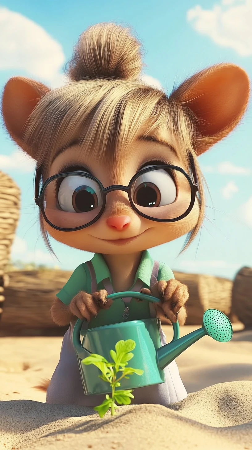 Playful cartoon mouse girl watering a tiny plant