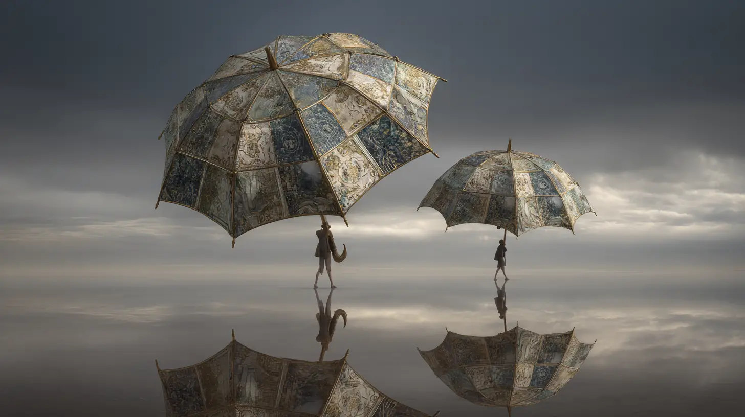 漂浮在粉彩天空中的超現實拼布雨傘
