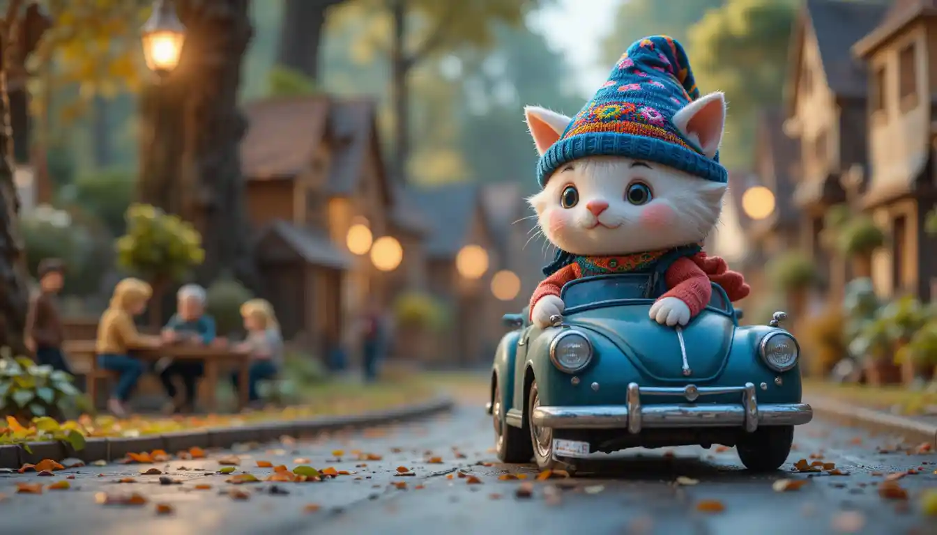 Cute 3D cat character in a cozy watercolor forest close up
