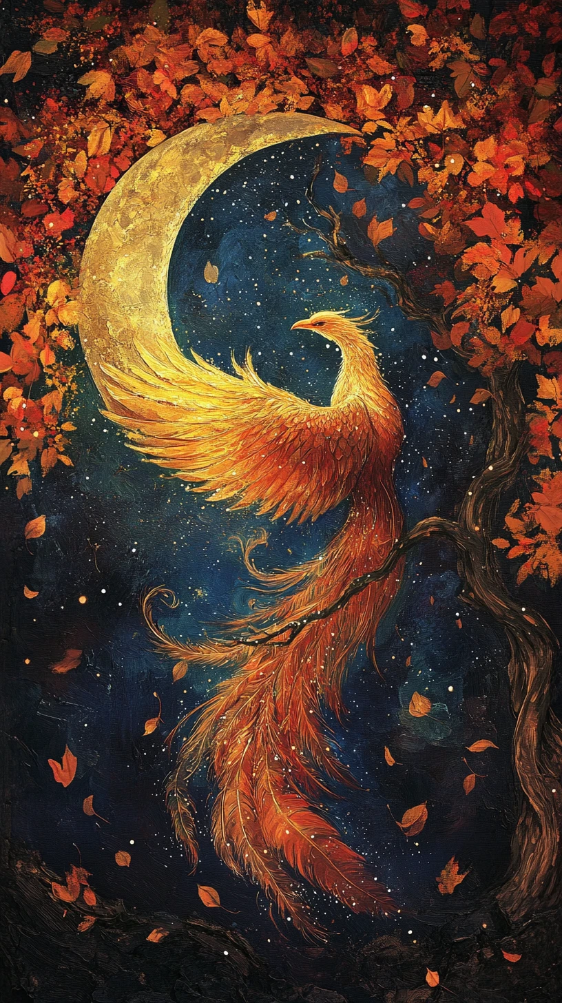 Radiant phoenix within a crescent moon and autumn tree