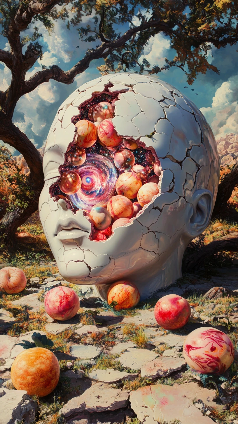 Porcelain human head opening into a glowing inner orchard