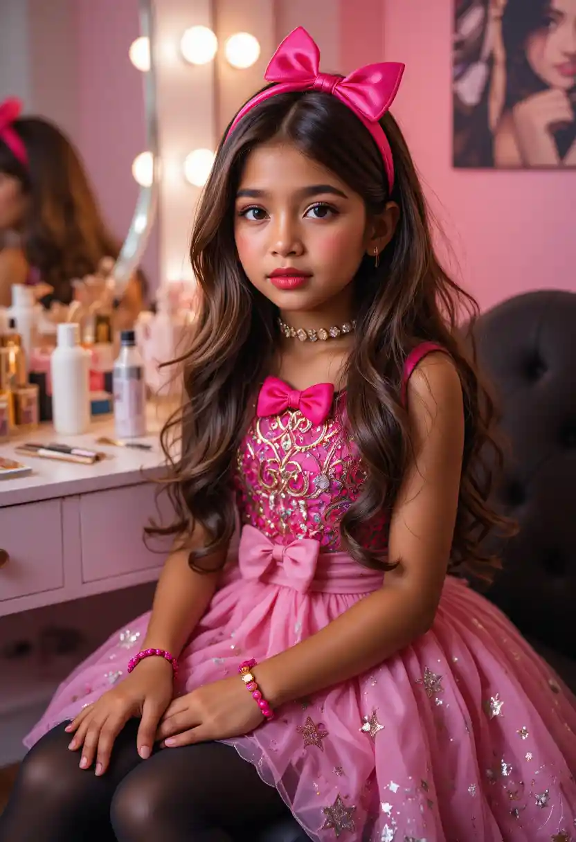 Latino tween in pink star dress at bedroom vanity