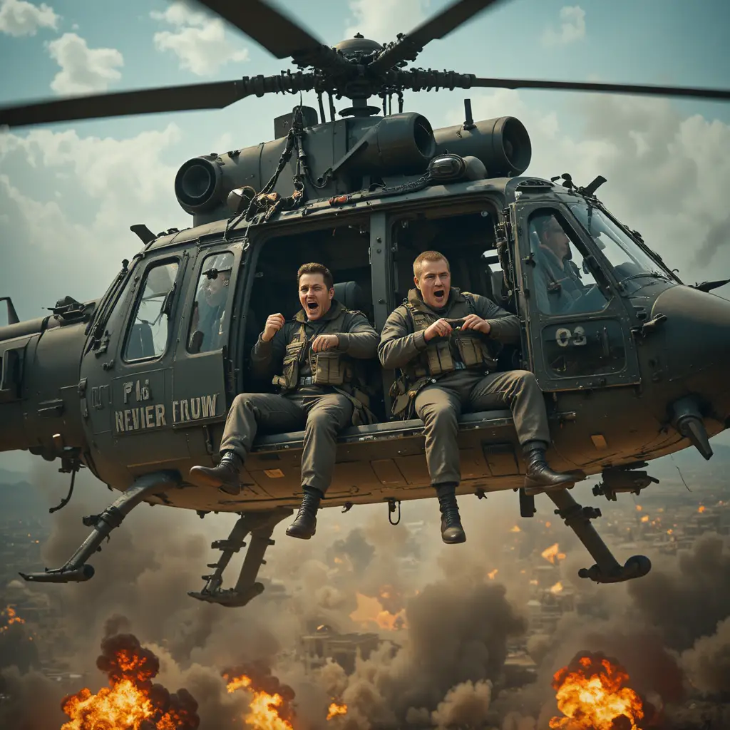 Men hanging from a tiny helicopter over chaotic battlefield