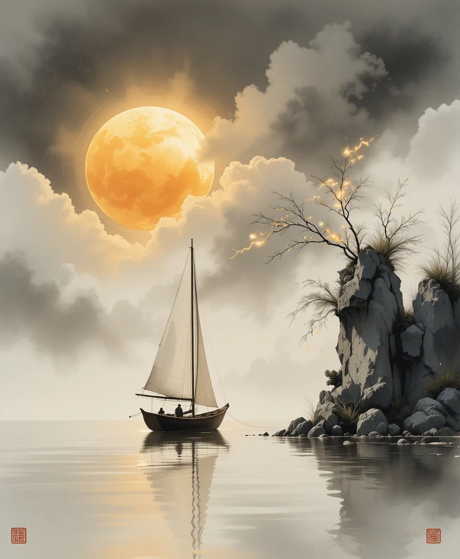 Minimalist sailboat and golden sun in Chinese ink seascape
