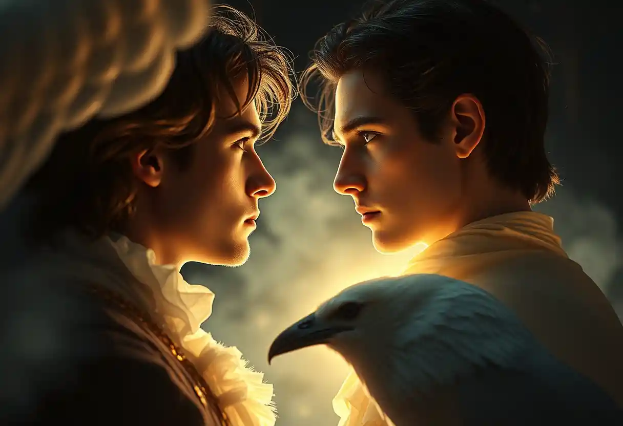 Hypnotic close up of Goethe facing a glowing white raven