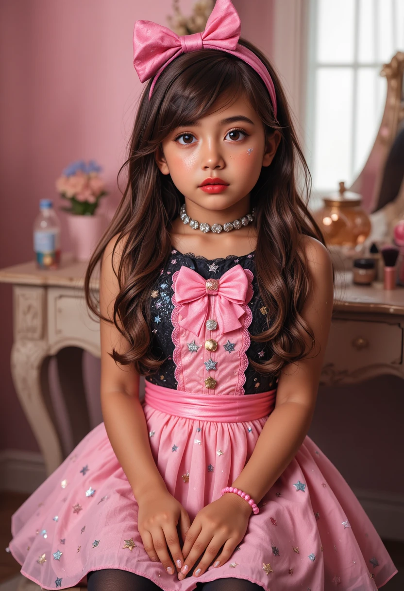 Nervous tween in pink star dress at bedroom vanity