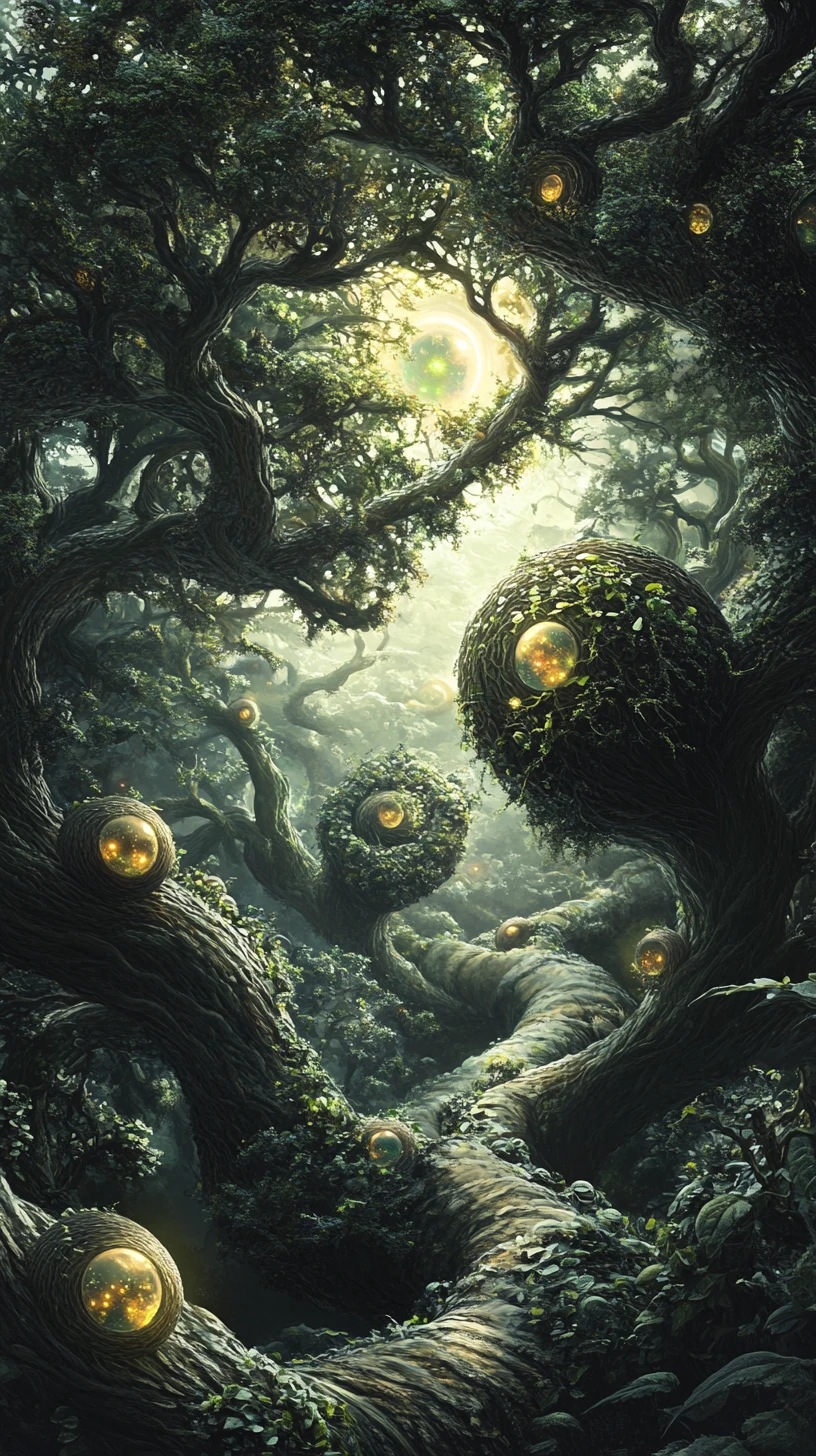 Surreal landscape of spiral trees with glowing world fruits