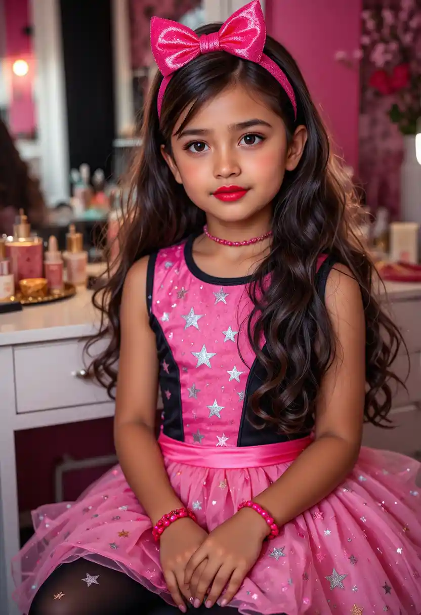 Tween girl in bright pink star dress at vanity