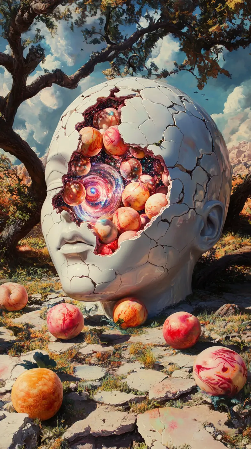 Porcelain human head opening into a glowing inner orchard