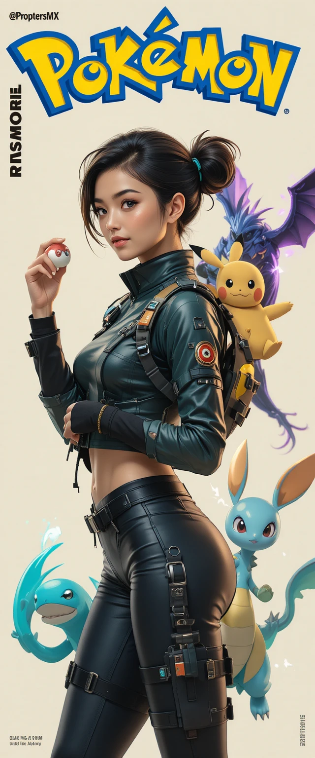 Female pokemon champion in cinematic anime side profile poster