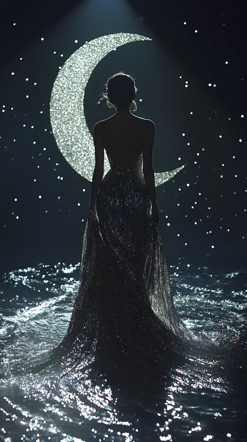 Woman walking from crescent moon portal in starry gown