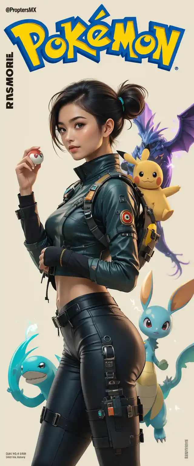 Female pokemon champion in cinematic anime side profile poster