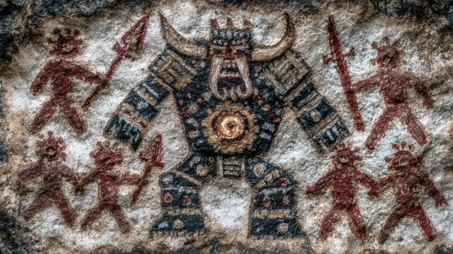 Primitive Cave Painting Of Hunters And A Spear Wielding Mecha