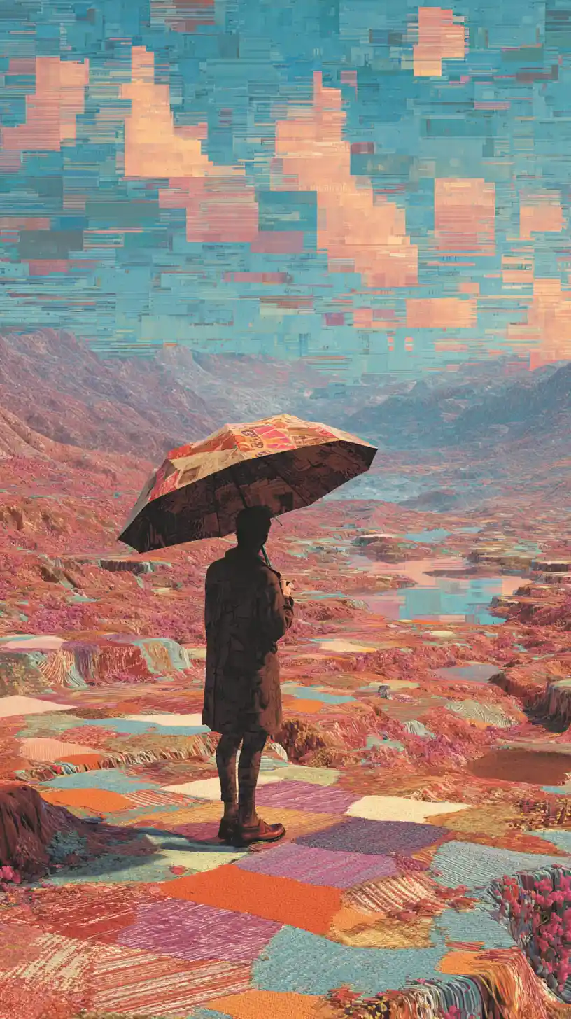 Solitary figure in a surreal textile and pixel landscape
