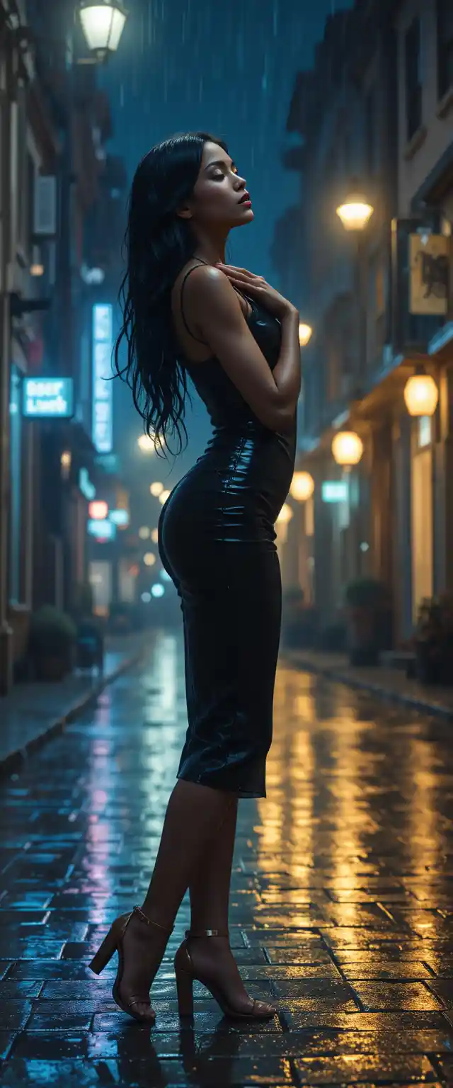 Young woman kneeling in the rain on a night city street