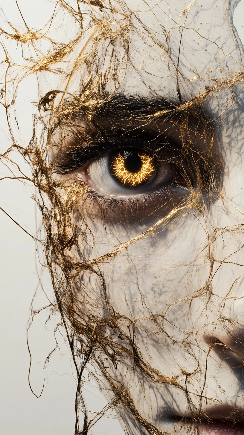 Surreal fragmented human face woven from luminous golden threads