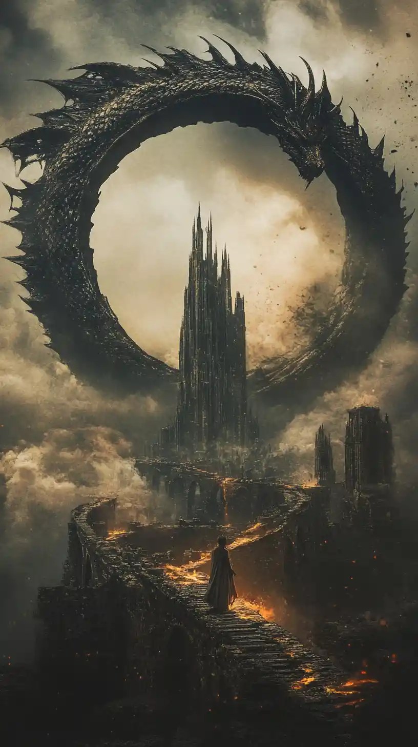 Ancient dragon encircling a woman with a city within
