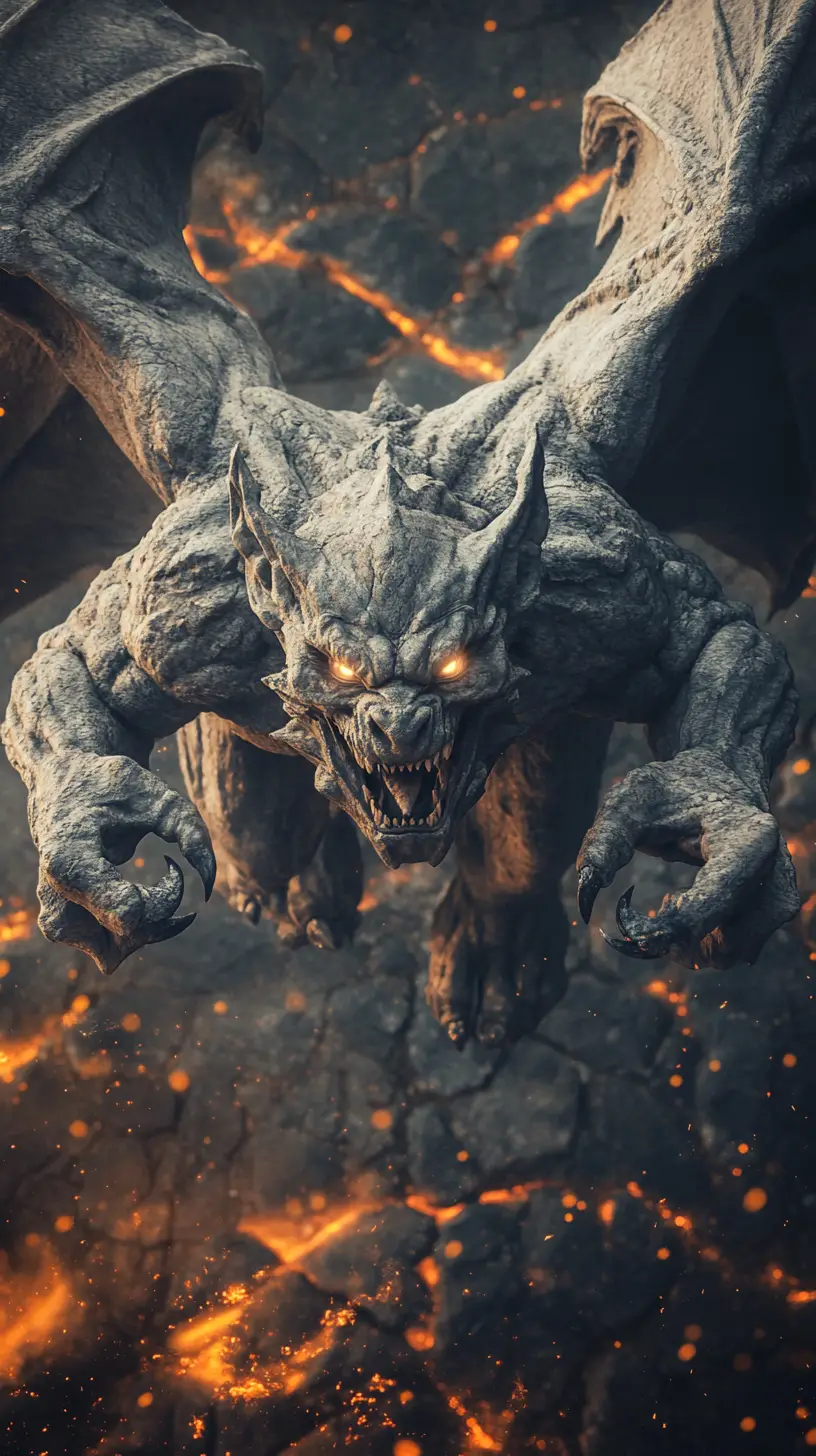 Stone gargoyle diving toward the viewer through burning debris