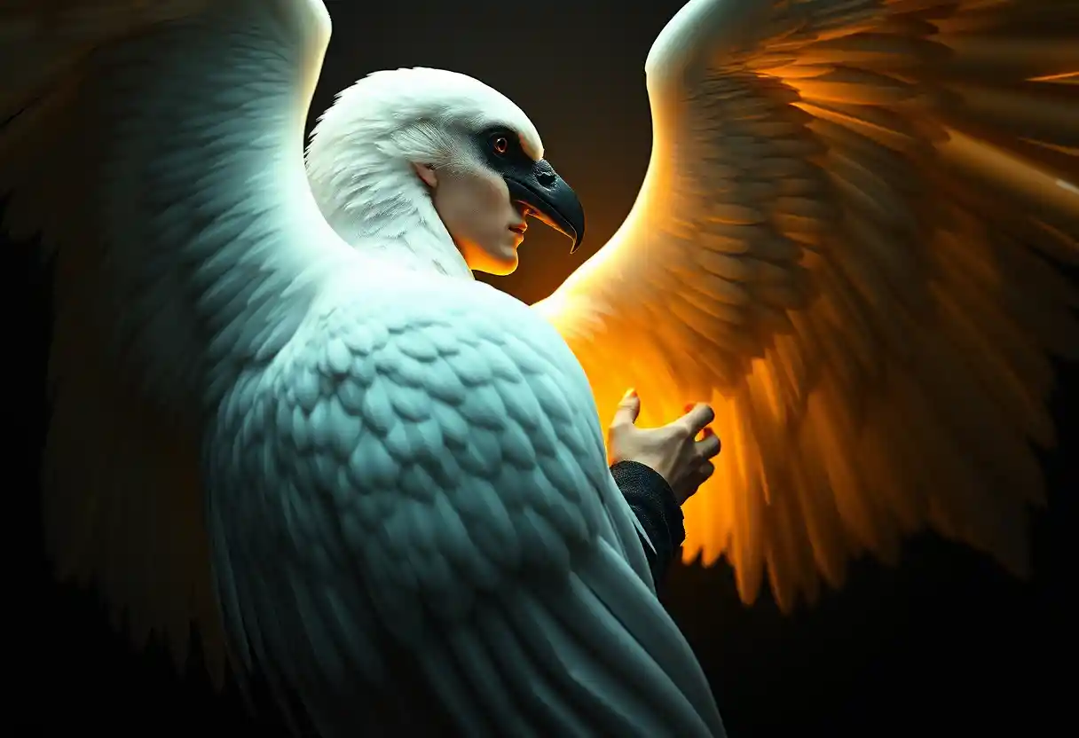 Young poet and albino raven in intimate golden embrace