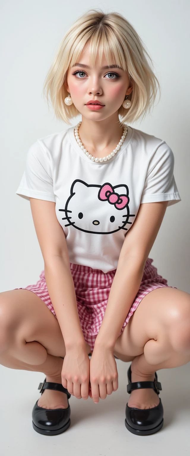 Blonde girl in cute outfit squatting on white background
