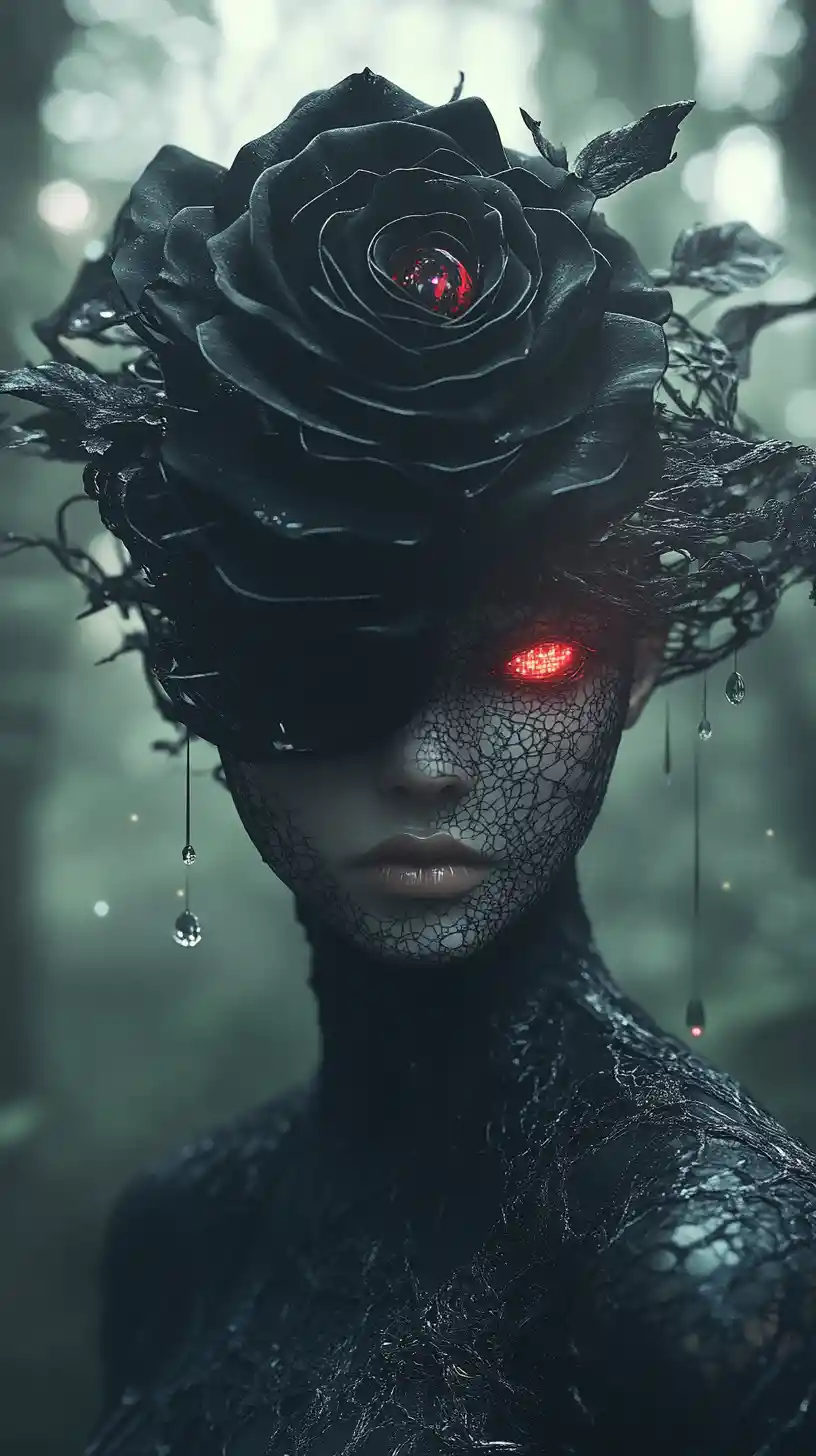 Surreal woman with black rose hat in misty forest