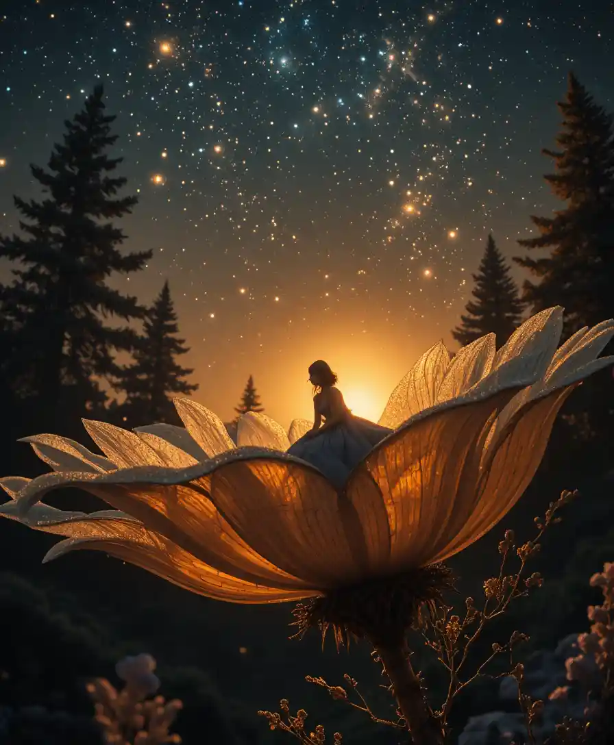 Fairy woman on glowing flower under starry night sky