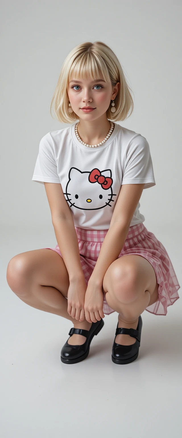 Blonde girl in cute outfit squatting on white background