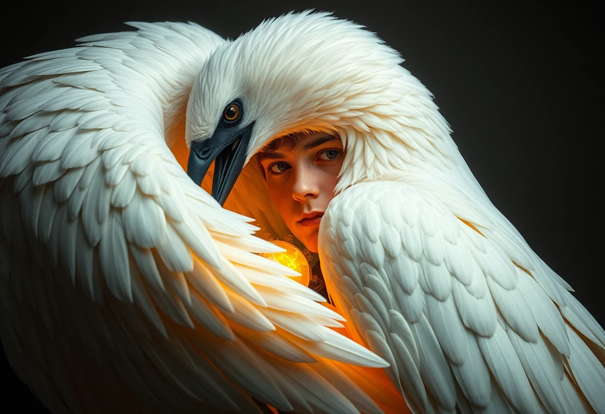 Young man with giant white raven in glowing embrace