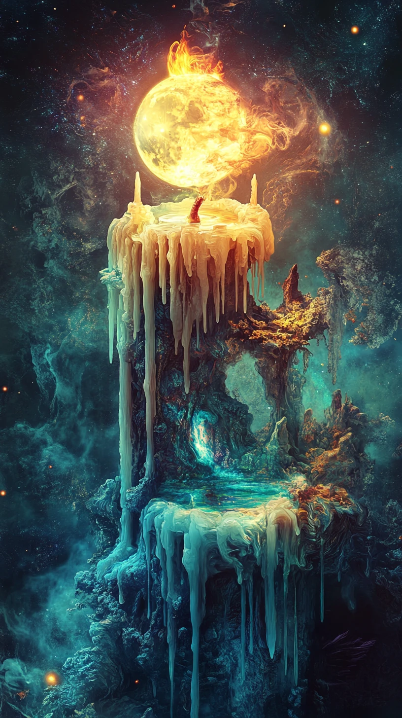 Melting candle transforming into a surreal fantasy landscape