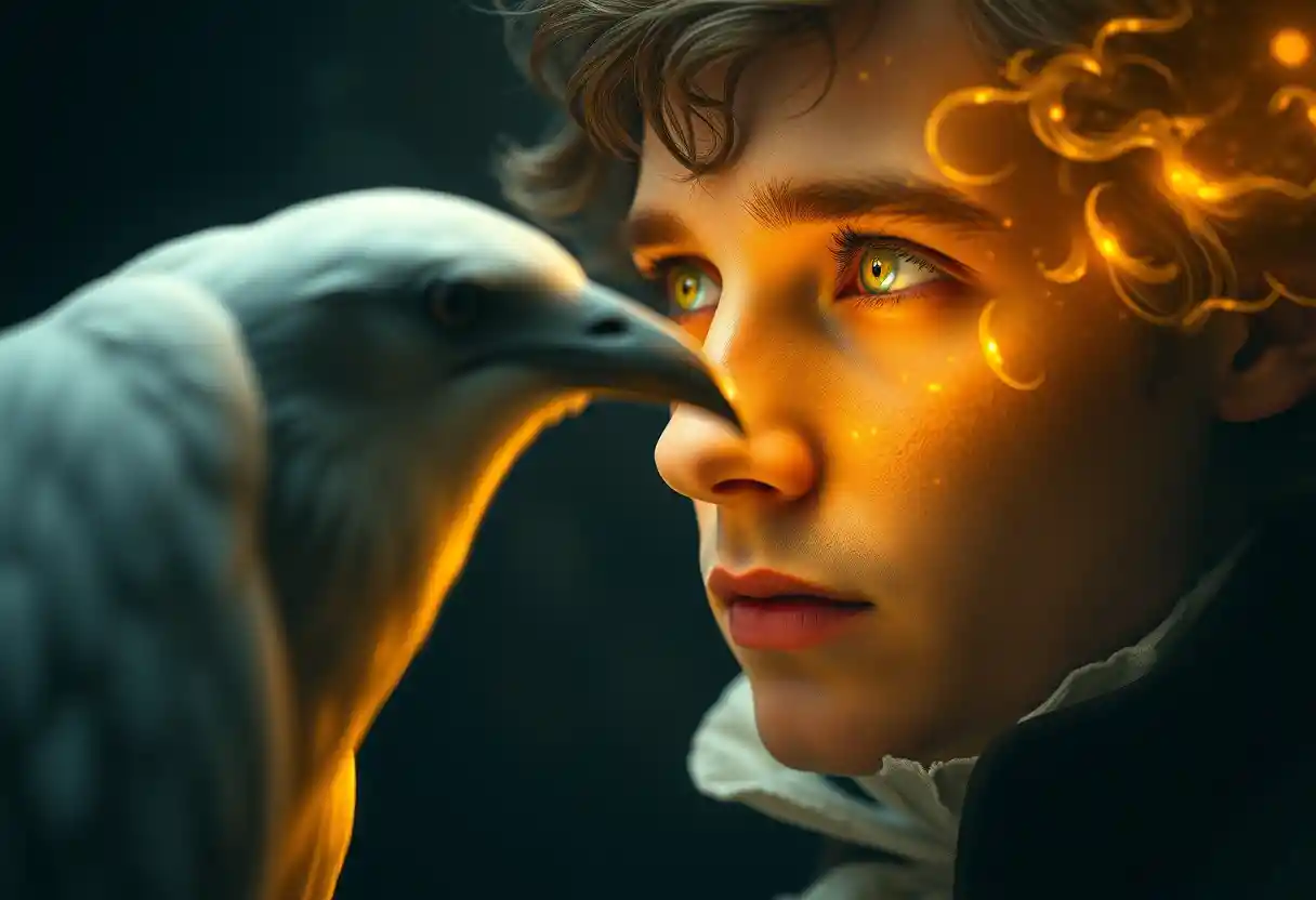 Young man in trance lit by glowing white raven
