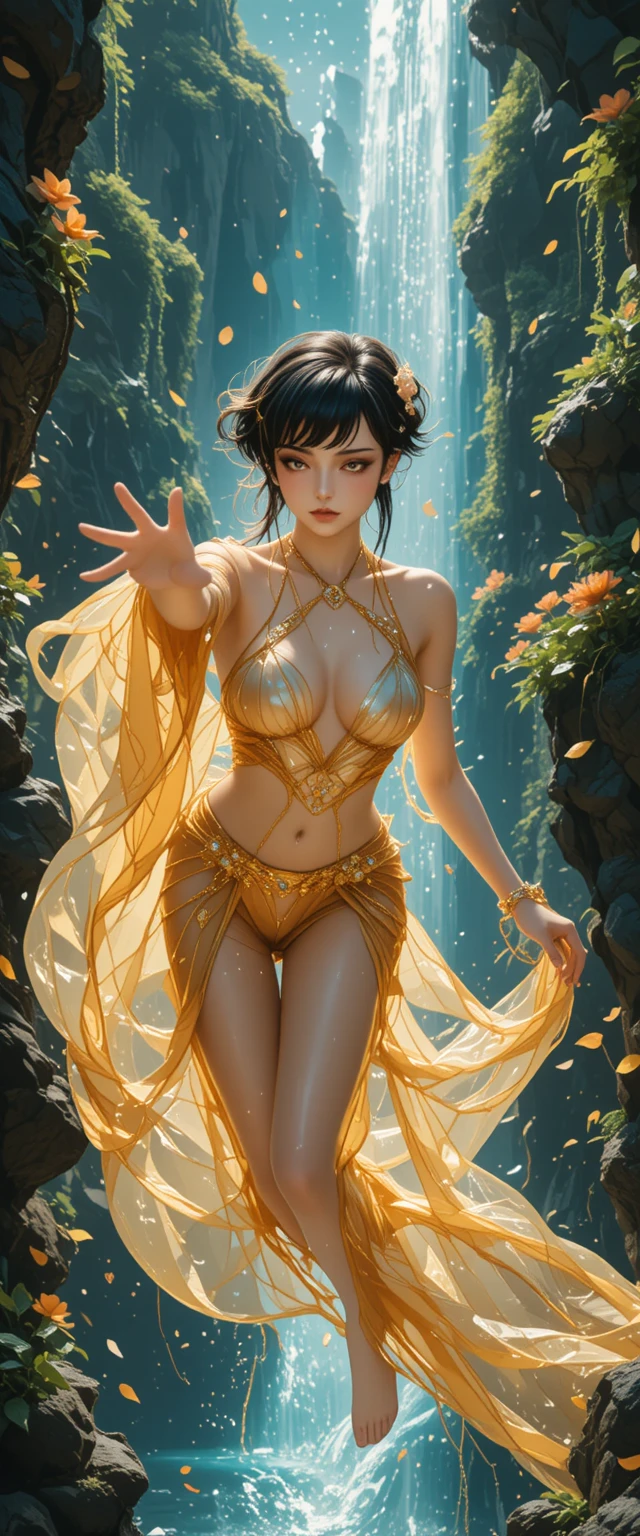 Fantasy woman diving through a colossal waterfall ravine