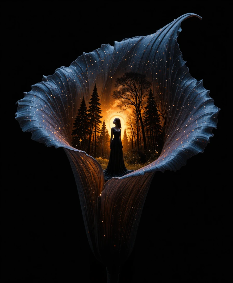 Surreal dark calla lily revealing a glowing forest sunset