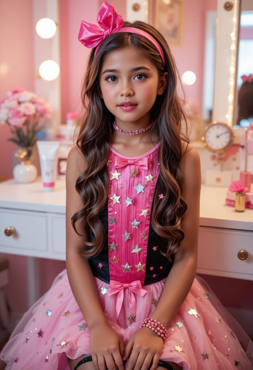Tween girl in pink star dress at makeup vanity