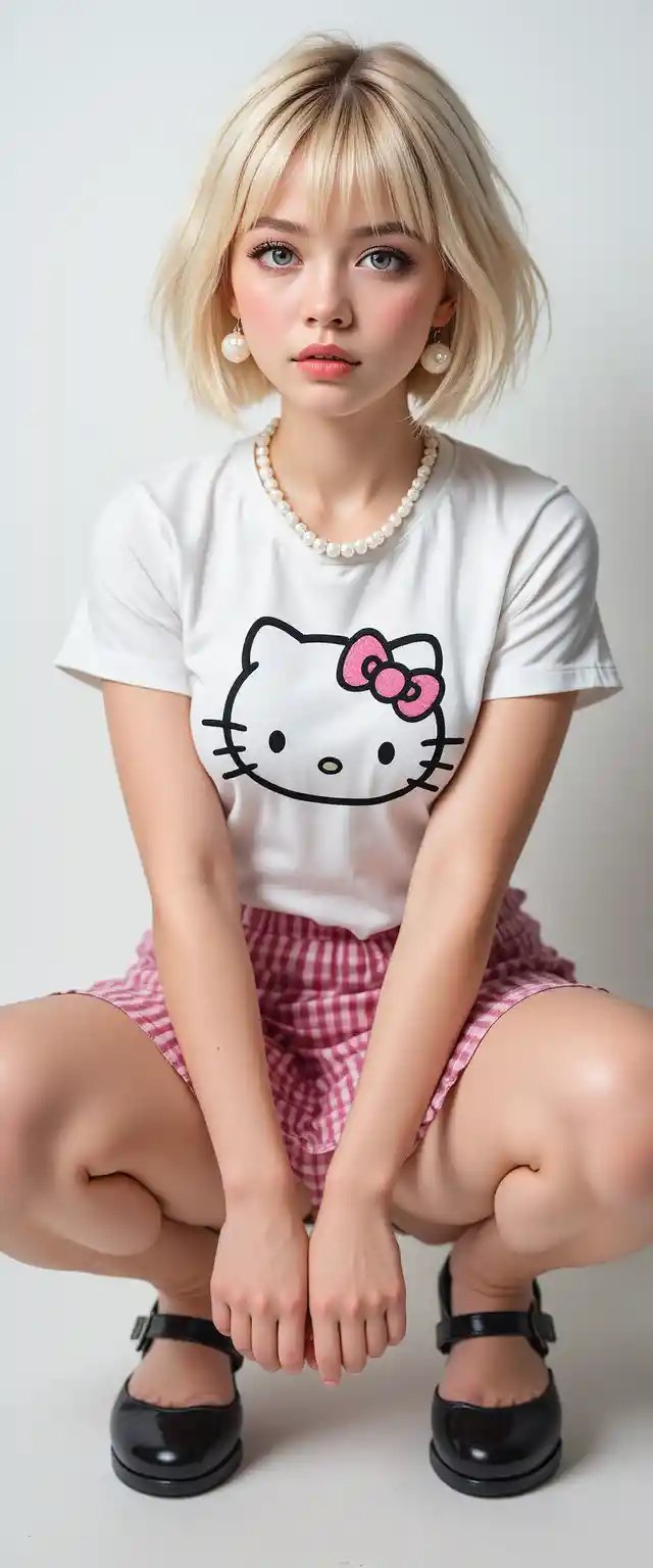 Ragazza bionda con outfit carino accovacciata su sfondo bianco