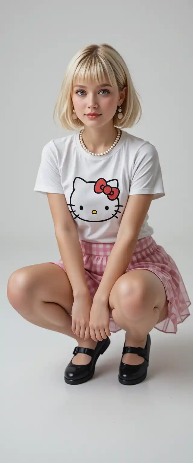 Blonde girl in cute outfit squatting on white background