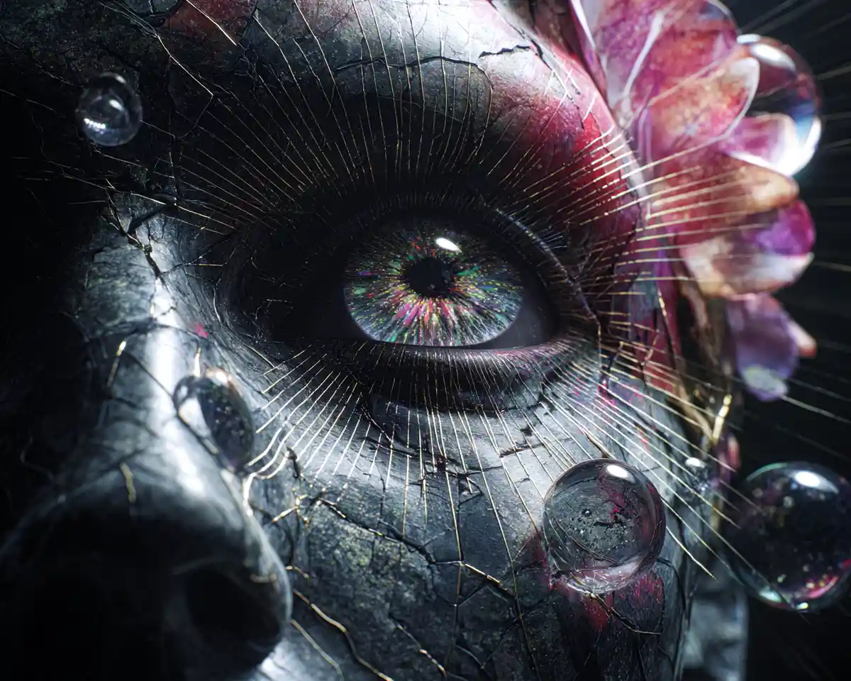 Surreal porcelain face with cosmic eye and floating spheres