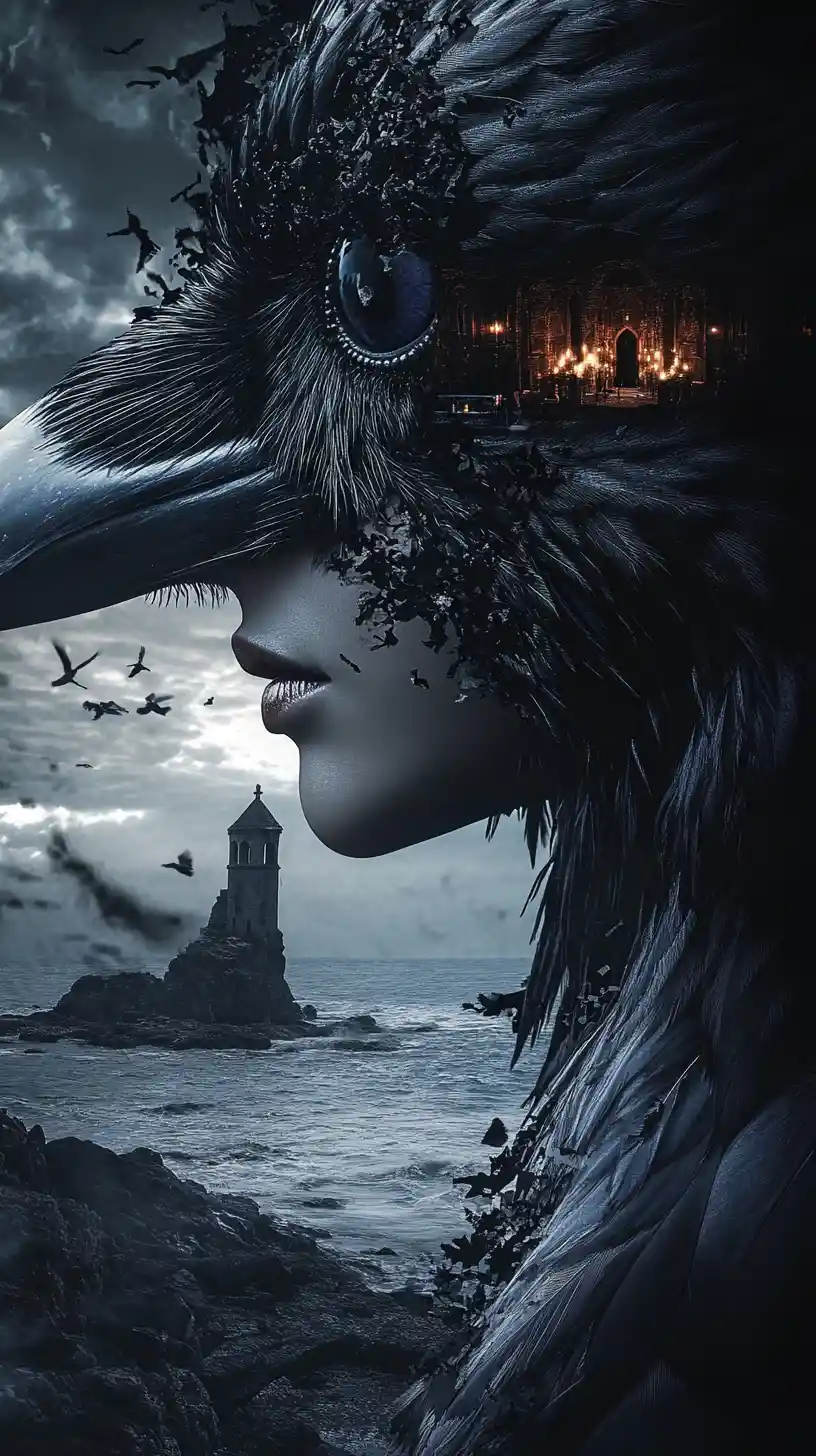Surreal raven merging with a serene womans face