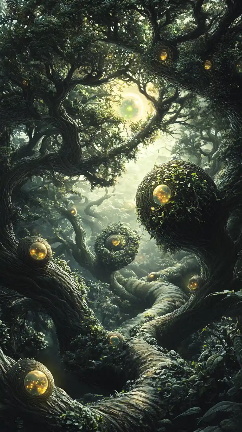 Surreal landscape of spiral trees with glowing world fruits